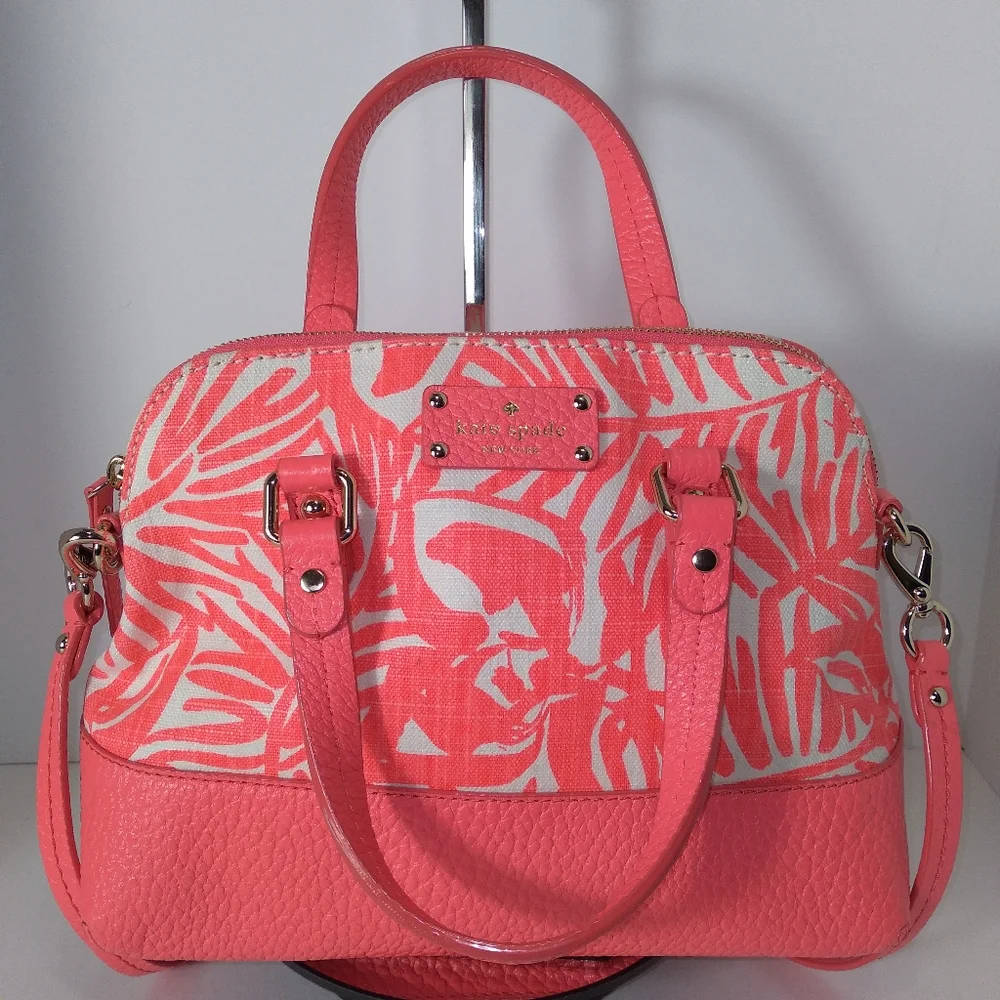 RARE Kate Spade Genuine Leather Pink & White Canvas Palm Tree Satchel Cr… - Picture 1 of 16